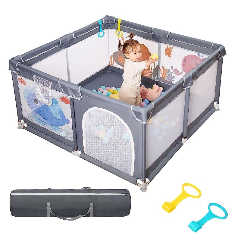 Photo 1 of Baby Playpen, 50"x50"Extra Large Baby Playard, Playpen for Babies with Gate, Indoor & Outdoor Kid Activity Center with Anti-Slip Base, Sturdy Safety Playpen with Soft Mesh, Playpen for Toddlers(Gray)
