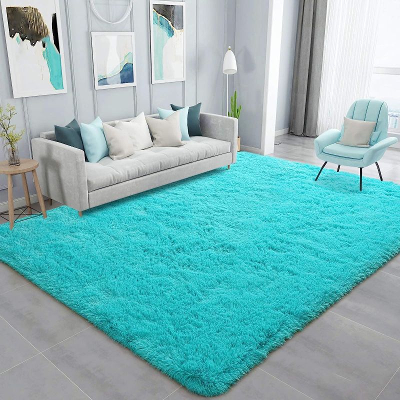 Photo 1 of  Soft Fluffy Area Rug for Living Room Bedroom, 5x8 Teal Blue Plush Shag Rugs