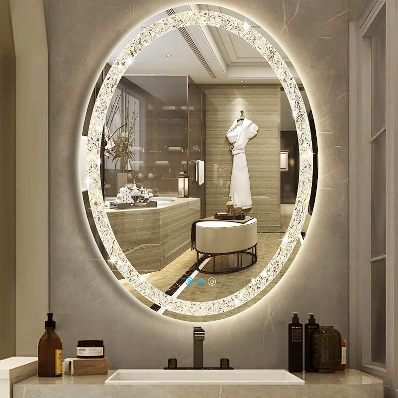 Photo 1 of DIDIDADA Crystal Oval LED Bathroom Vanity Mirror with Lights 32 x 24 Inch Crystal Oval Lighted Mirrors for Bathroom Wall Mounted Oval Wall Bathroom LED Mirror 3 Color Dimmable Anti Fog Smart Mirrors 