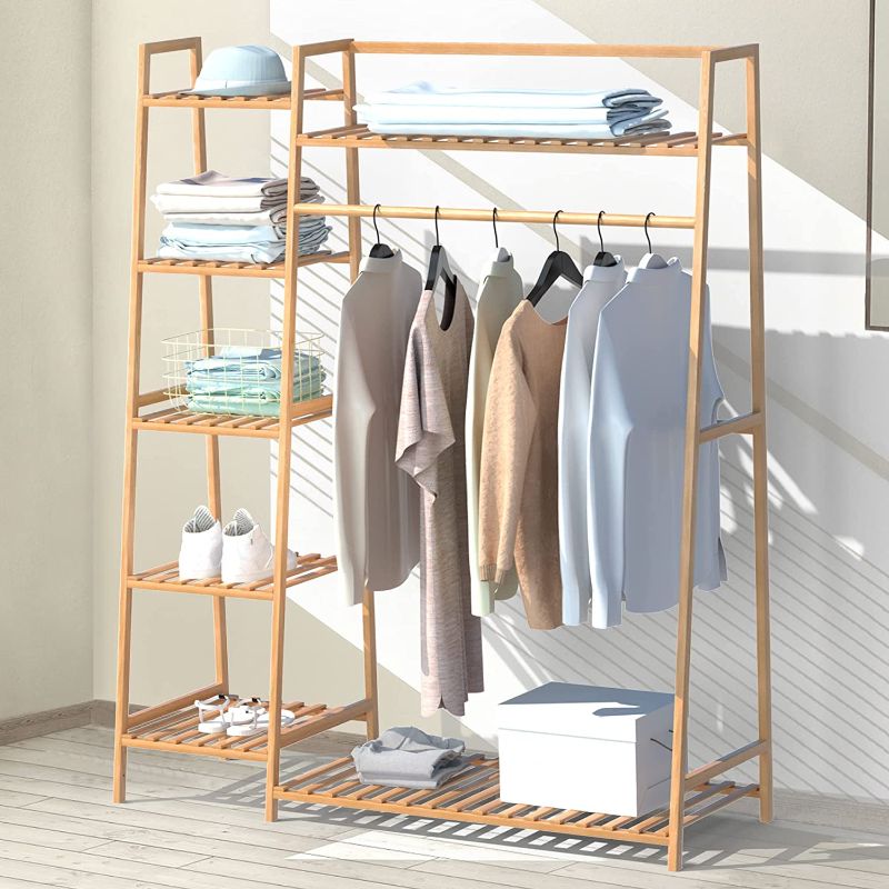 Photo 1 of  43.5" Bamboo Clothing Garment Rack Free Standing Clothes Coat Hanger Rolling Closet Organizer Shoe Rack Wardrobe Storage Hall Tree Entryway Living Bedroom Office Storage Shelves Clothes Hanging Rack 