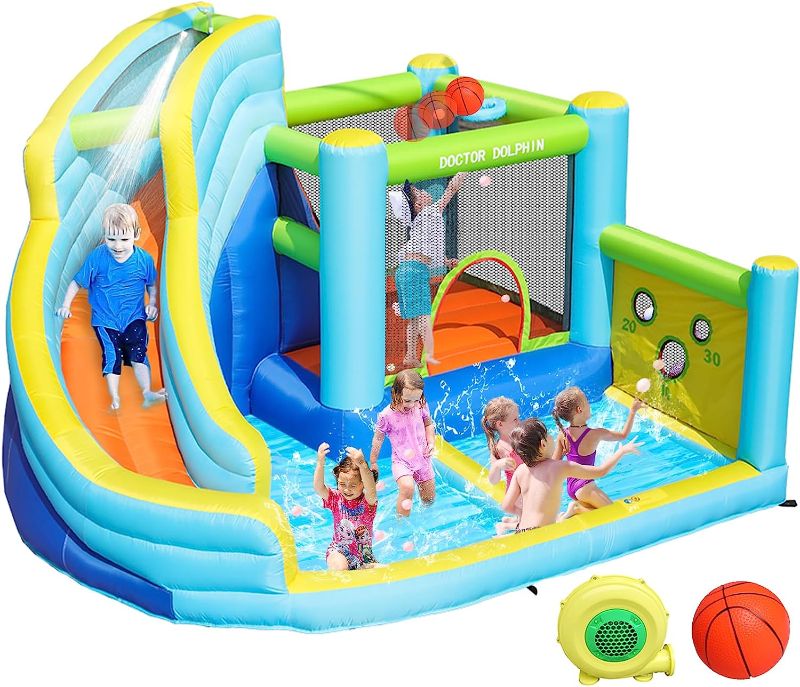 Photo 1 of Doctor Dolphin Inflatable Water Slides for Kids Backyard, Bounce House with Waterslide, Blow Up Kids Water Slide, Inflatable Water Park Outdoor for Wet and Dry. 