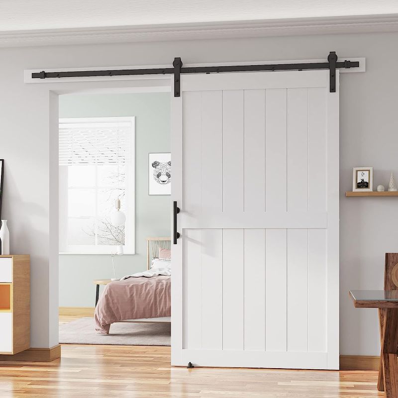 Photo 1 of 48''x84'' Sliding Barn Door with 8 Ft Barn Door Hardware Kit& Handle& Floor Guides,Pre-Drilled Holes Easy Assembly - Include Installation Manual, Water-Proof PVC Surface, H-Frame, White