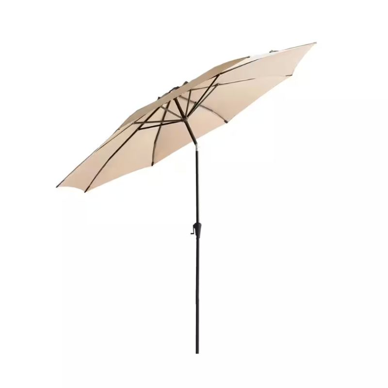 Photo 1 of 11 ft. Aluminum Market Push Button Tilt Patio Umbrella with Fiberglass Rib Tips in Beige Solution Dyed Polyester