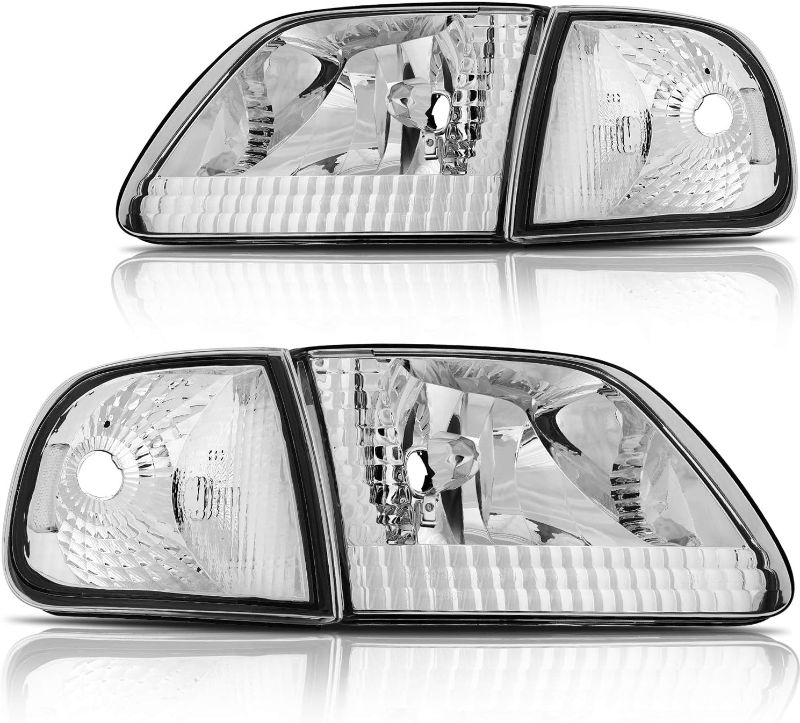 Photo 1 of LSAILON For Ford Headlight Assembly Replacement Fit 1997-2002 For Ford For Expedition,1997-2003 For F-150,2004 For F-150 Heritage,1997-1999 For F-250 Chrome Housing Clear Reflector Clear Lens 