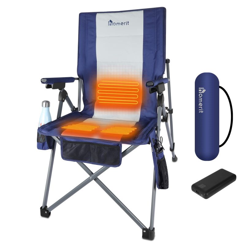 Photo 1 of  Heated Portable Camping Chair with 12V 16000mAh Battery Pack, Warm Seat Heated Sports Chair, Heavy Duty Folding Camp Seat for Camping, Outdoor Sports, Picnics, Beach, with 5 Pockets & Travel Bag 