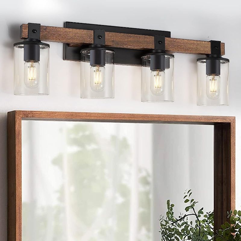 Photo 1 of 4-Light Industrial Farmhouse Vanity Lights, Rustic Wood Bathroom Wall Light with Clear Glass, Modern Metal Wall Sconce for Bedroom, Kitchen, Hallway (4-Light, Antique Wood)