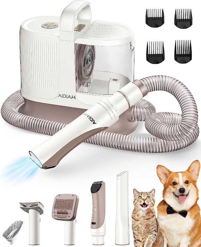 Photo 1 of AIDIAM Dog Grooming Kit Low Noise, 3-Mode Pet Grooming Vacuum, 5-in-1 Pet Grooming Kit with Vacuum, Remove 99% Pet Hairs, Shedding Deshedding Tools Hair Clipper for Cats, Dogs and Other Animals (1.3L)
