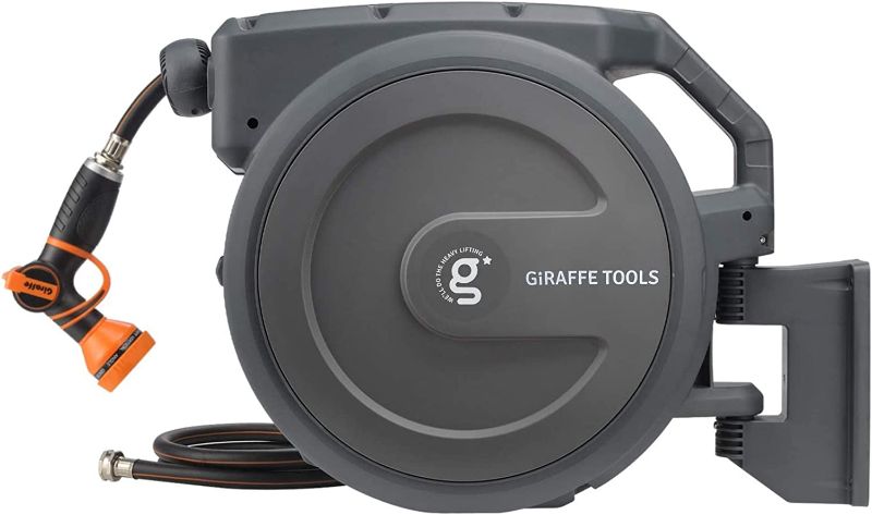 Photo 1 of Giraffe Tools AW30 Garden Hose Reel Retractable 1/2" x 100 ft Wall Mounted Water Hose Reel Automatic Rewind, Any Length Lock, 100ft, Dark Grey