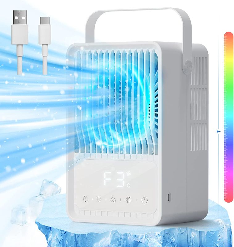 Photo 1 of Portable Air Conditioner Fan, Ultra Quiet&Strong Airflow Personal Small Evaporative Air Cooler with 3 Speeds LED Light, 2 Cool Mist&2-8H Timer, Desk Cooler Fan for Room Office Camping, FERRISA (White)
