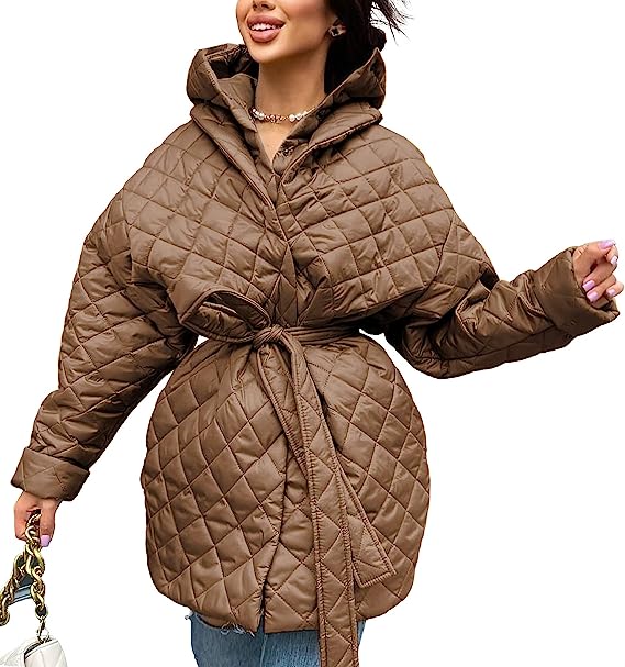 Photo 1 of BTFBM Women Button Down Quilted Jacket Coat 2023 Fall Winter Fashion Belt Pockets Removable Padded Hood Puffer Outerwear XL