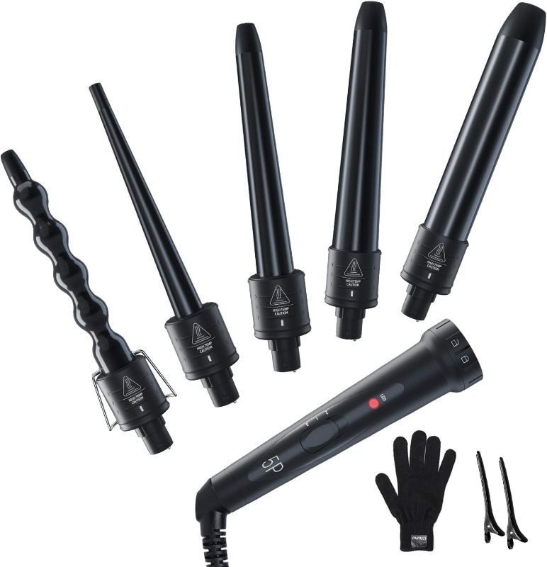Photo 1 of 5 in 1 Curling Iron Wand Set, Ohuhu Upgrade Curling Wand 5Pcs 0.35 to 1.25 Inch Interchangeable Ceramic Barrel Heat Protective Glove, Dual Voltage Hair Curler Gifts Black

