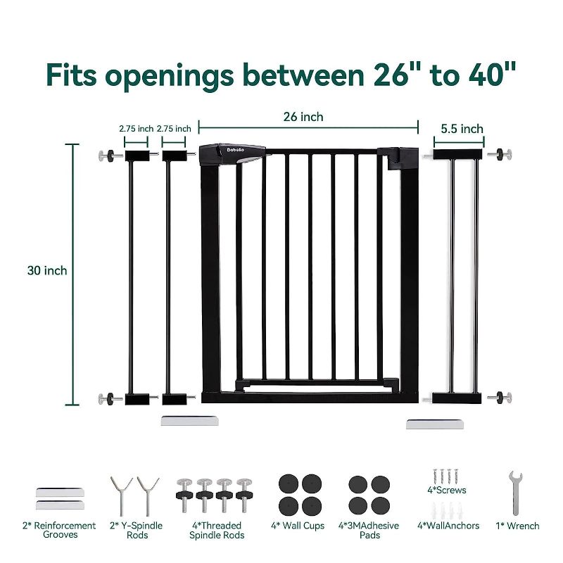 Photo 1 of BABELIO 26-40 Inch Easy Install Extra Wide Pressure Mounted Metal Baby Gate, No Drilling, No Tools Required, with Wall Protectors and Extenders (Black)
