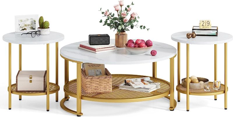 Photo 1 of LINSY HOME Round Coffee Table and End Table Set for Living Room, Modern Coffee Table with Open Storage, Wood Surface Top & Sturdy Metal Legs Large Circle Coffee Table, White and Gold
