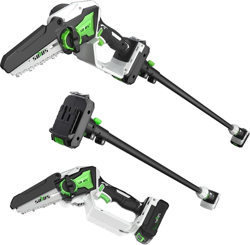 Photo 1 of SOYUS 2 in 1 Cordless Pole Saw & Mini Chainsaw,20V 19Ft/s Battery Pole Saw with 4'' Cutting Telescopic Electric Pole Saws for Tree Trimming,2 Pcs 2.0Ah Battery&Charger Included, black and green
