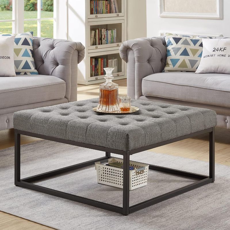 Photo 2 of 24KF Middle Century Upholstered Tufted Coffee Table with Linen Padded Seat, Large Square Ottoman with Black Metal Frame – Ivory

