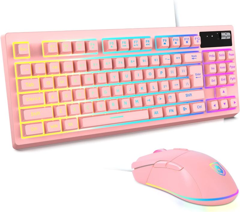 Photo 1 of RGB Pink Gaming Keyboard and Mouse Combo,87 Keys Gaming Keyboard Wired RGB Backlit Gaming Keyboard Mechanical Feeling with RGB 7200 DPI Pink Gaming Mouse Set for PC MAC PS4 Xbox Laptop
