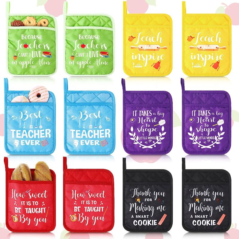 Photo 1 of 12 Pcs Teacher Pot Holders Gifts Teachers Appreciation Gifts Funny Oven Mitt Potholders with Hand Pocket Hanging Loop Heat Resistant Microwave Pot Holders...
