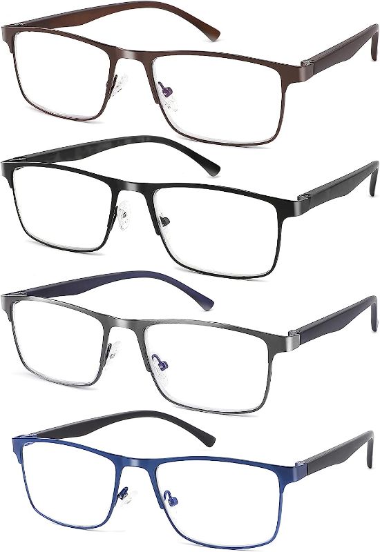 Photo 1 of 4-Pack Blue Light Blocking Reading Glasses for Men Stylish Metal Frame Readers with Comfort Spring Hinges Anti Glare UV Filter Eyeglasses