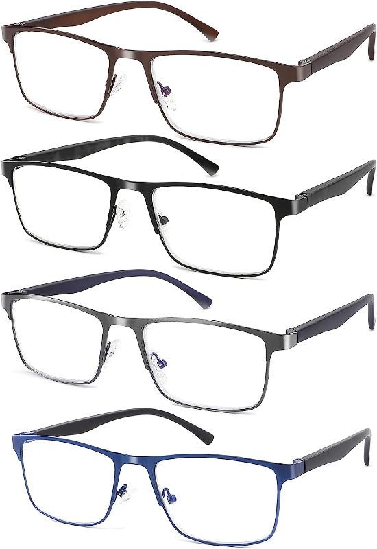 Photo 1 of 4-Pack Blue Light Blocking Reading Glasses for Men Stylish Metal Frame Readers with Comfort Spring Hinges Anti Glare UV Filter