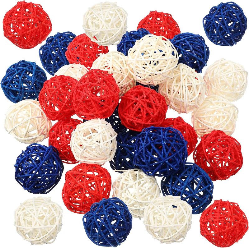 Photo 1 of 30 Pcs Patriotic Rattan Balls 4th of July Decorative Balls for Bowl 1.8 Inch Red White and Blue Table Wicker Balls for Decorating Bowl Filler Vase Filler Spheres for Table Independence Day Home Decor
