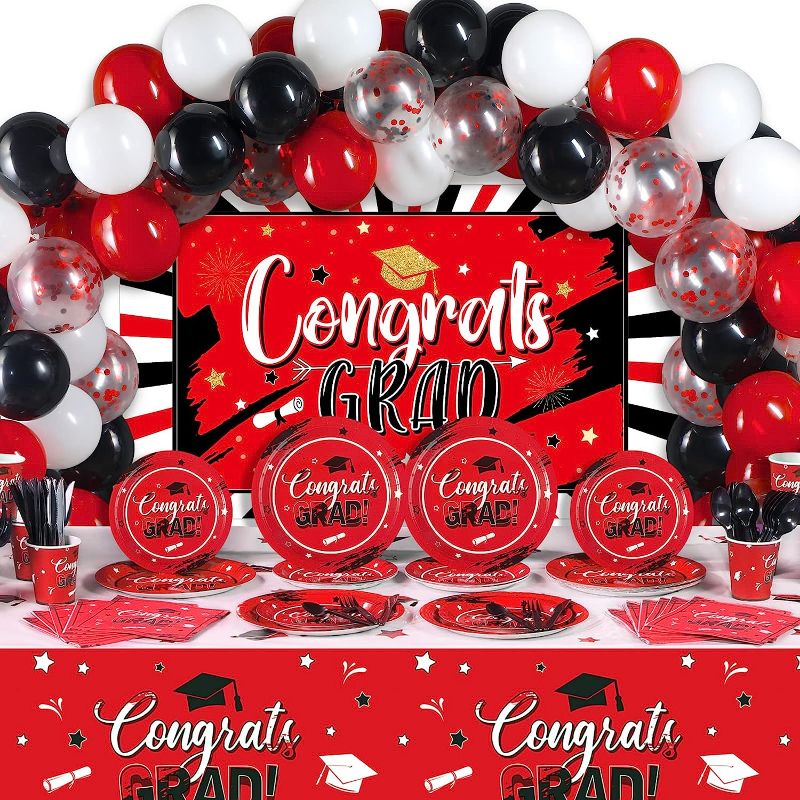 Photo 1 of 294Pcs Graduation Party Supplies with Grad Backdrop Tablecloth Latex Balloons Disposable Paper Plates Napkins Cups Knives Spoons Forks for College High School Graduation Decorations (Red)