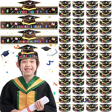 Photo 1 of 240 Pieces Preschool Graduation Paper Caps Crowns for Kids Adjustable Paper Hats for Kindergarten Student Grad Ceremony Party Congrats Grad Hats Headbands for Kids Party Favors Multicolor
