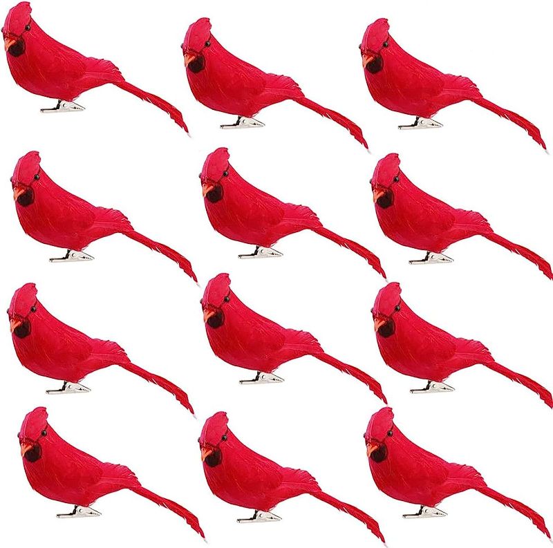 Photo 1 of 12PCS Artificial Christmas Cardinal Birds Simulation Foam Bright Red Feather Small Birds Clip on Christmas Tree Ornaments Fake Stand Bird Craft for Home Wedding Decor Pannow
