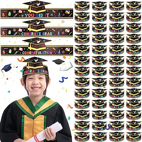 Photo 1 of 240 Pieces Preschool Graduation Paper Caps Crowns for Kids Adjustable Paper Hats for Kindergarten Student Grad Ceremony Party Congrats Grad Hats Headbands for Kids Party Favors Multicolor 