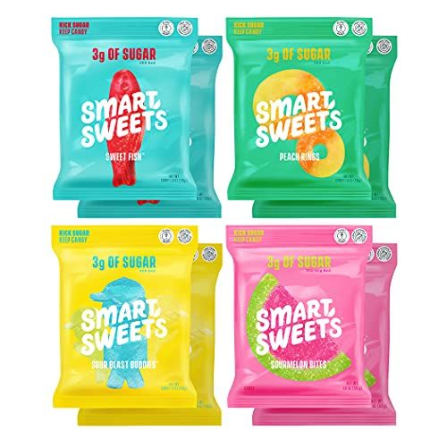 Photo 1 of (Pack of 8) SmartSweets Variety Pack Candy with Low Sugar Low Calorie Snacks Plant-Based: Sweet Fish Sourmelon Bites Peach Rings Sour Blast Budd
