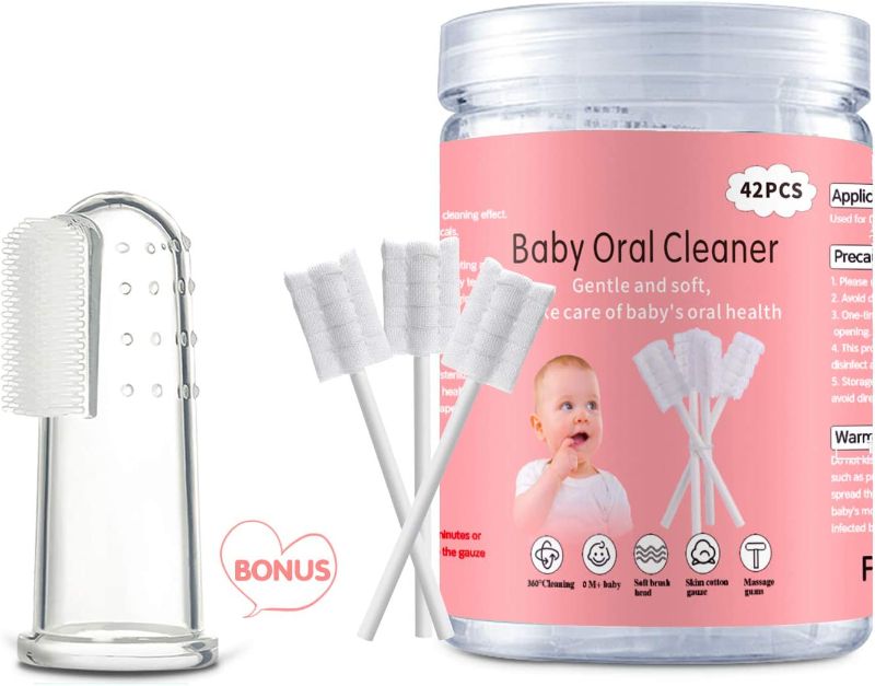 Photo 1 of Baby Tongue Cleaner, Baby Toothbrush, 42Pcs Disposable Infant Toothbrush Clean Baby Mouth,Gauze Gum Cleaner Toothbrush Baby Oral Cleaning Stick Dental Care for 0-36 Month Baby+Free 1 Finger Toothbrush
