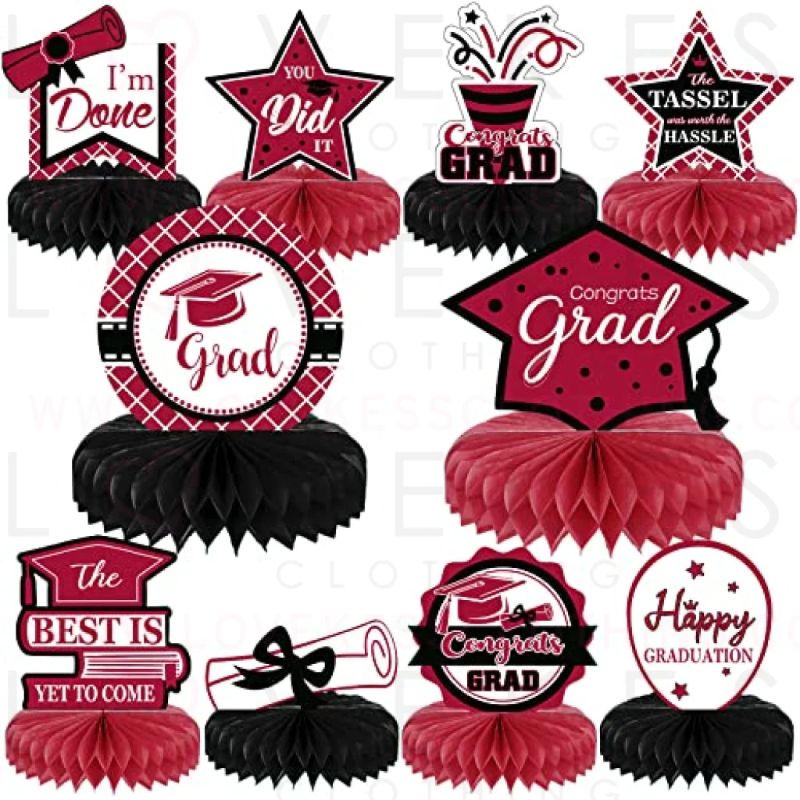 Photo 1 of 10 Pieces 2023 Graduation Party Decorations, Congrats Grad Honeycomb Centerpiece Congratulate Graduation Table Topper for College High School Graduation Party Supplies Favor Props(Maroon, Black)