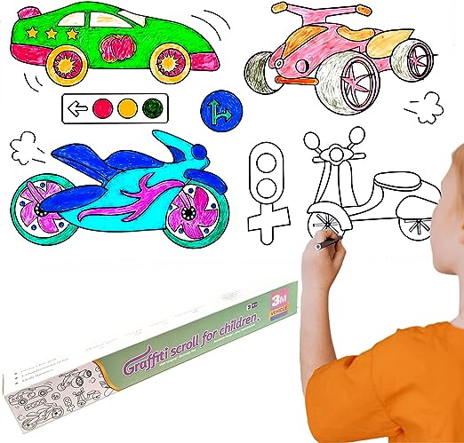 Photo 1 of Childrens Drawing Roll, Coloring Drawing Roll of Paper for Kids Ages 4-8, 118×11.8 Inch DIY Sticky Drawing Paper Roll for Toddler, Wall Coloring Stickers Gift for Kids Art, Vehicles 