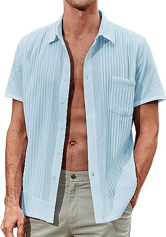 Photo 1 of AstoSeu Mens Short Sleeve Button Down Shirts Cuban Guayabera Vacation Linen Beach Shirts 