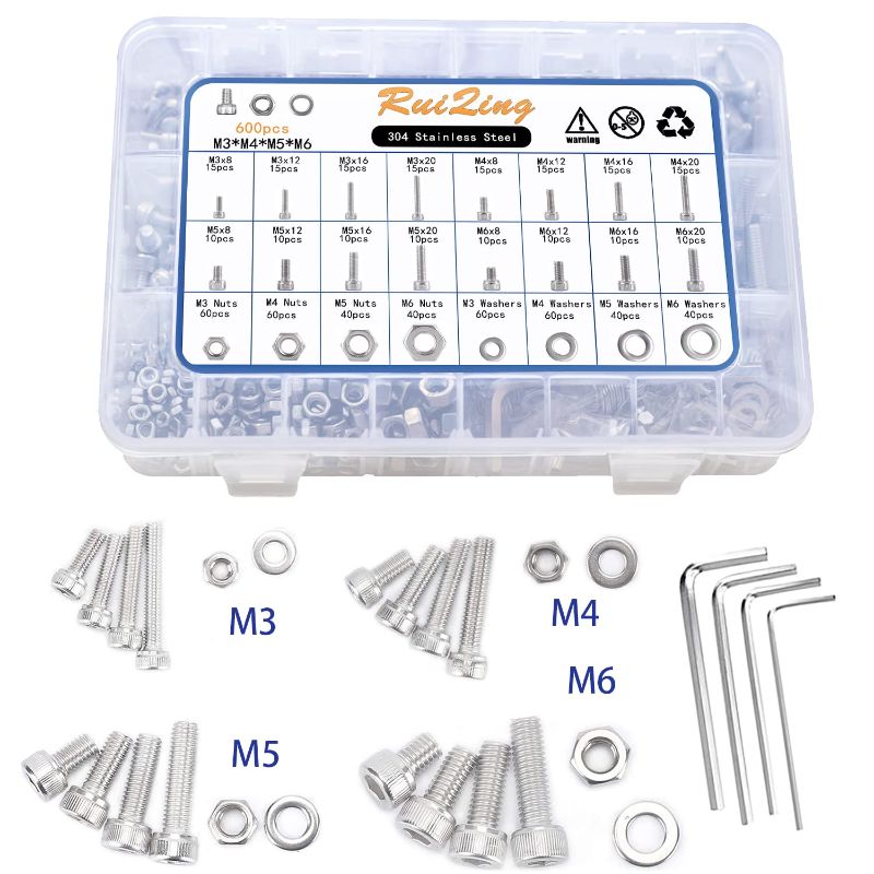 Photo 1 of 
RUIQING 600pcs M3 M4 M5 M6 Metric Screw Assortment, 304 Stainless Steel Metric Bolts Assortment, Hex Socket Head Cap with 4 Types of Hexagon Wrench