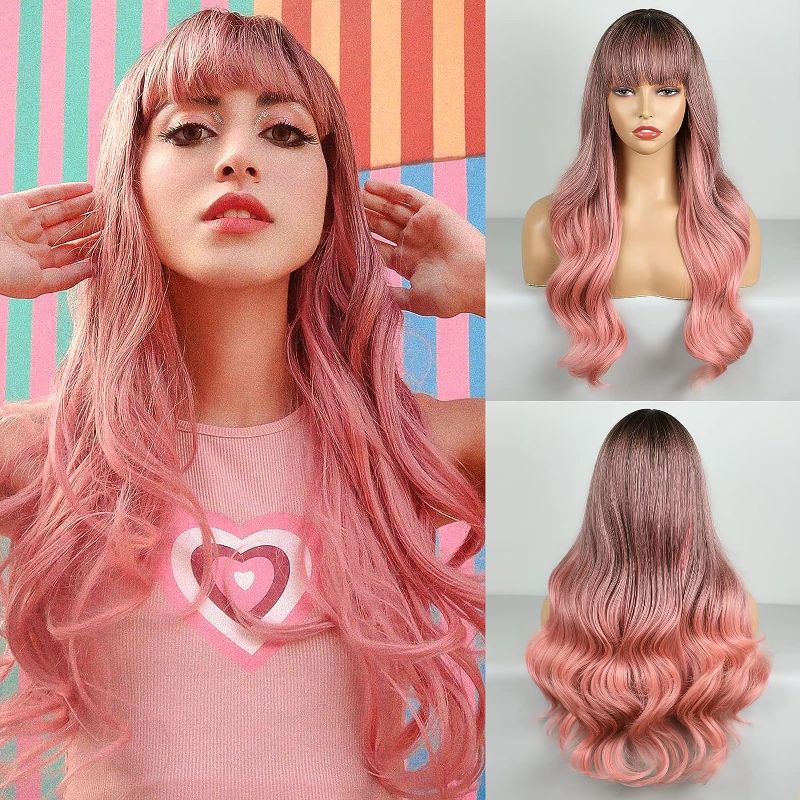 Photo 1 of 
BOGSEA Pink Wig with Bangs Long Wavy Wig Ombre Pink Wigs for Women Heat Resistant Synthetic Wig Women's Cosplay Wigs for Daily Party Wear (24 Inch, Pink