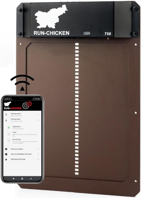 Photo 1 of RUN-CHICKEN Door (Brown) Automatic Chicken Coop Door Opener with Timer, Programmable Light Sensor, Battery Powered, Evening and Morning Delay, Aluminum Door.