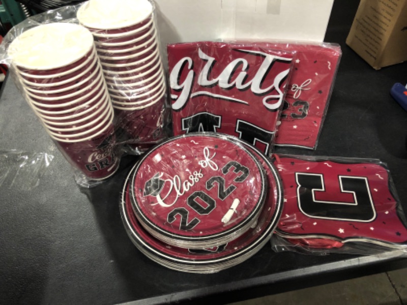 Photo 2 of 2023 Graduation Party Supplies Maroon Graduation Party Dinnerware Set Disposable Paper Plates Napkins Cups Tablecloth Banner for Congrats Grad Party Decorations, Serve 25