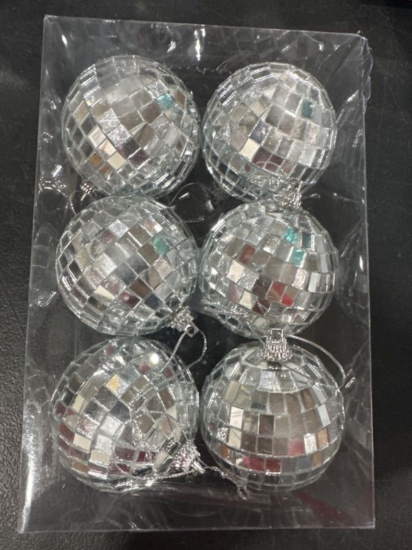 Photo 2 of 6 pcs 2.4 Inch Mirror Disco Ball Ornaments Christmas Hanging Balls Xmas Party Wedding Home Tree Decoration with Cosmos Fastening Strap 2.4 in (6 Piece)