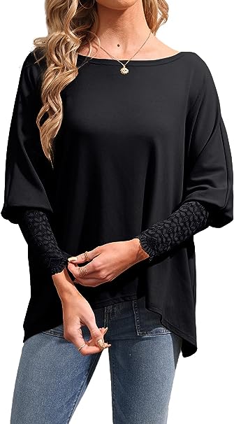 Photo 1 of Bigyonger Womens Long Sleeve Lace Tops Boat Neck Solid Loose Soft Causal Blouse Tunic Shirts 