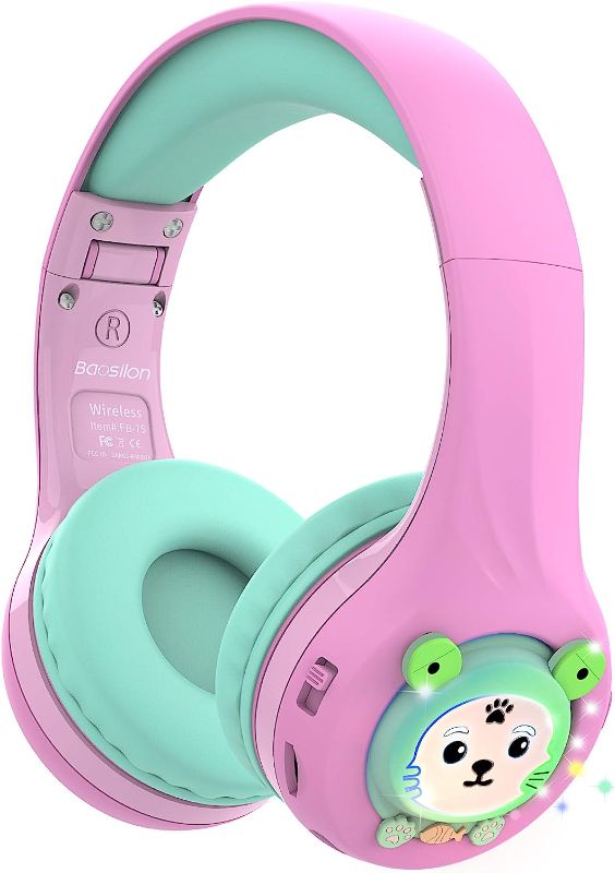 Photo 1 of Riwbox Kids Bluetooth Headphones, Baosilon FB-7S Frog Kids Toddler Headphones for School with Mic, 75/85/95dB Volume Limited Light Up Wireless Headphones Over Ear for Girls (Pink&Green) 