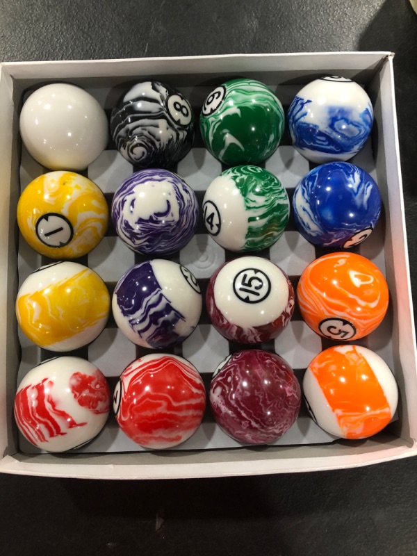 Photo 2 of Collapsar Deluxe 2-1/4" Billiard Pool Balls Marble-Swirl Style Billiards Ball Complete 16 Ball Set (Several Style Available) White Marble With Black Triangle