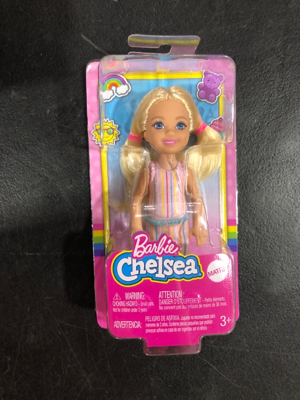 Photo 2 of Barbie Chelsea Doll (6-inch Blonde) Wearing Skirt with Striped Print and Pink Boots, Gift for 3 to 7 Year Olds