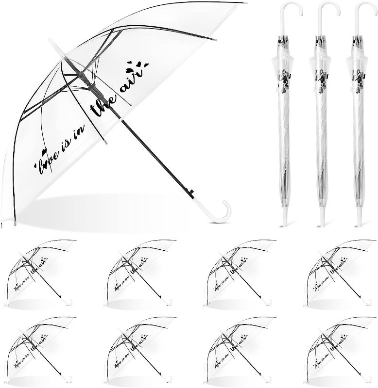 Photo 1 of 12 Pieces Clear Wedding Umbrellas Auto Open Stick Umbrella Love Is In The Air Umbrella Windproof Transparent Rain Umbrella with J Hook Handle for Bride Groom Wedding Bridal Shower Party Supplies Decor