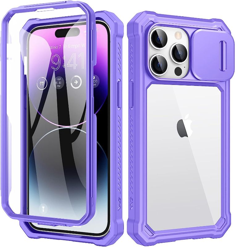 Photo 1 of Ruky for iPhone 14 Pro Case with Slide Camera Cover, iPhone 14 Pro Case [Built-in Screen Protector], Full Body Case Heavy Duty Protection Cover Girls Women for iPhone 14 Pro 6.1", Purple 