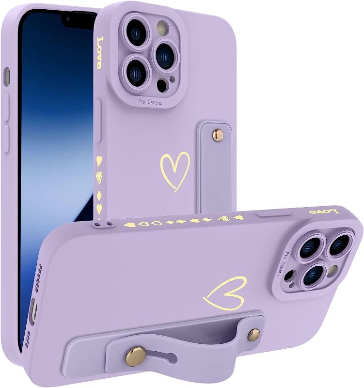 Photo 1 of SOKAD for iPhone 14 Pro Max Case with Adjustable Wrist Strap Kickstand Cute Heart Pattern Design Soft Silicone Shockproof Full Camera Lens Protective Slim Cover Compatible iPhone 14 Pro Max-Purple