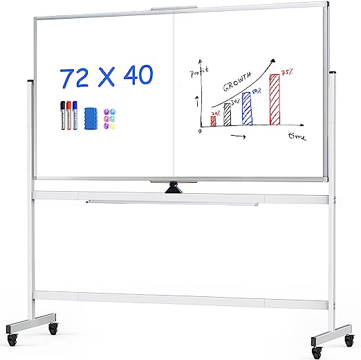 Photo 1 of 72 x 40 Double Sided Rolling Whiteboard, Mobile Whiteboard Magnetic White Board - Large Reversible Dry Erase Board Easel Standing Board on Wheels with Silver Aluminum Frame and Stand
