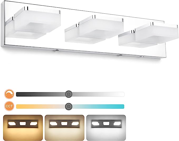 Photo 1 of 3 Colors Dimmable Bathroom Light Fixtures over Mirror LED Chrome Vanity Lights for Bathroom Acrylic Stainless Steel 3 Light Bathroom Vanity Light Fixtures, Adjustable 3000K/4000K/6000K, 360° Rotate
