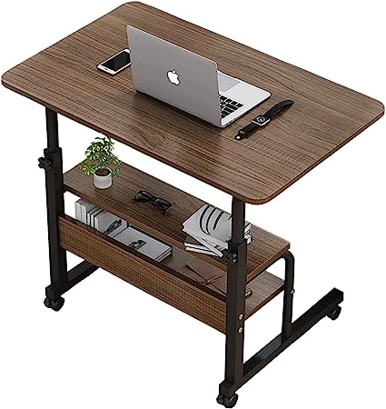 Photo 1 of Adjustable Mobile Laptop Desk Home Office Desk Detachable Wheels Desk Portable Height Mobile Bedside Table Veranda Office Desk Additional Storage Rack Small Spaces Desk Size 15.7 * 31.5 Inch Brown
