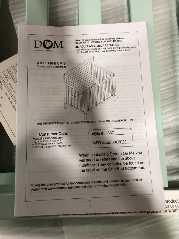 Photo 3 of Dream On Me Bellport 4 in 1 Convertible Mini/Portable Crib in Light Seafoam Green, Non-Toxic Finish, Made of Sustainable New Zealand Pinewood, with 3 Mattress Height Settings