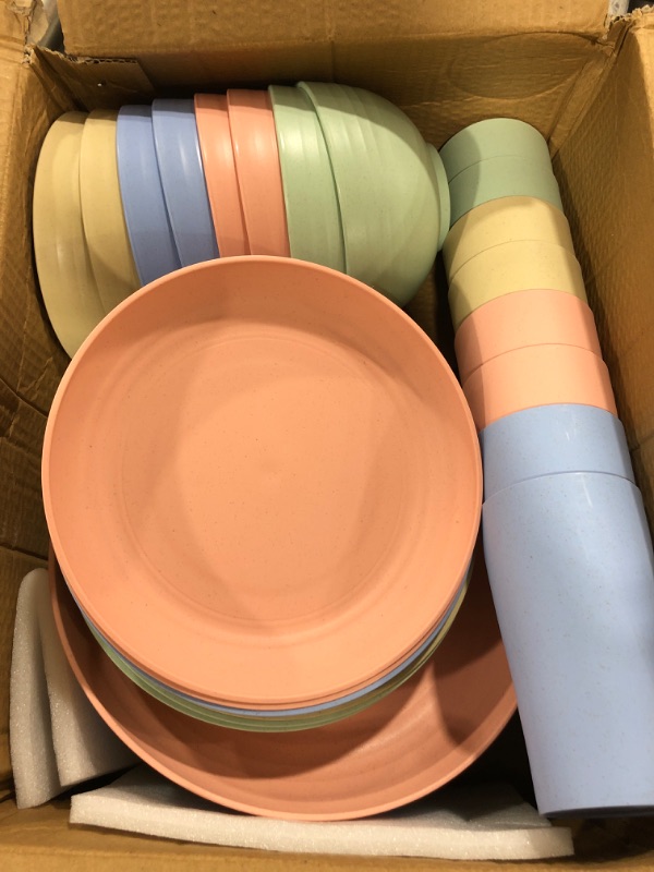 Photo 2 of 32pcs Wheat Straw Dinnerware Sets, HXYPN Unbreakable Reusable Dinnerware Set Kitchen Cups Plates and Bowls Sets Dishwasher Microwave Safe